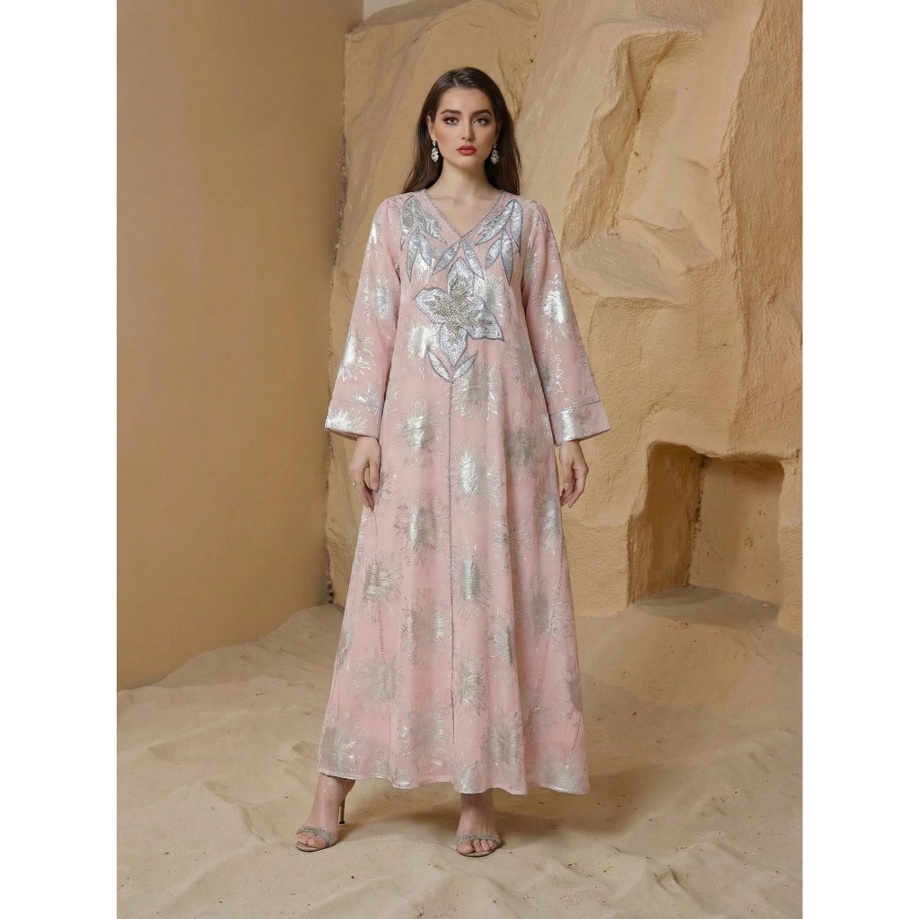 Abaya Women Party Dress Kaftan Jalabiya V Neck Sequins Muslim Dubai Ramadan Caftan Long Robe