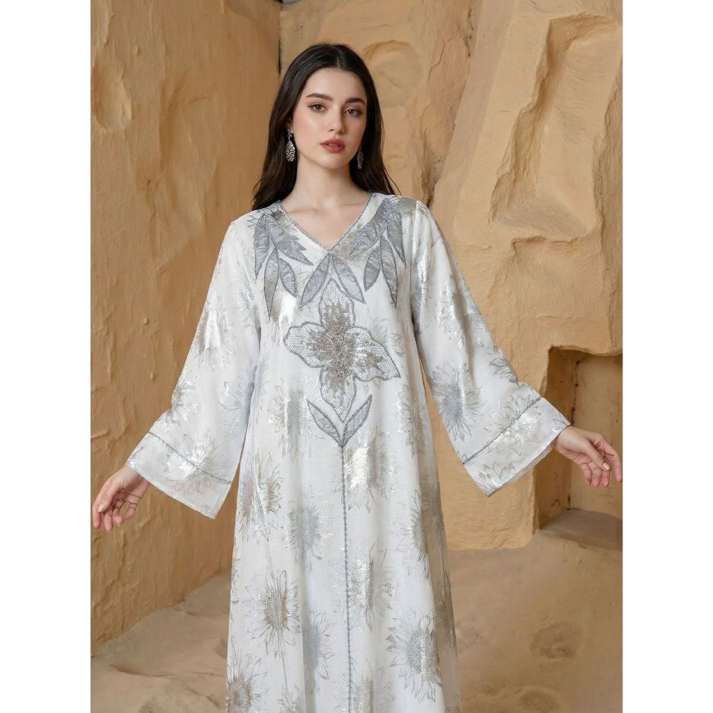 Abaya Women Party Dress Kaftan Jalabiya V Neck Sequins Muslim Dubai Ramadan Caftan Long Robe