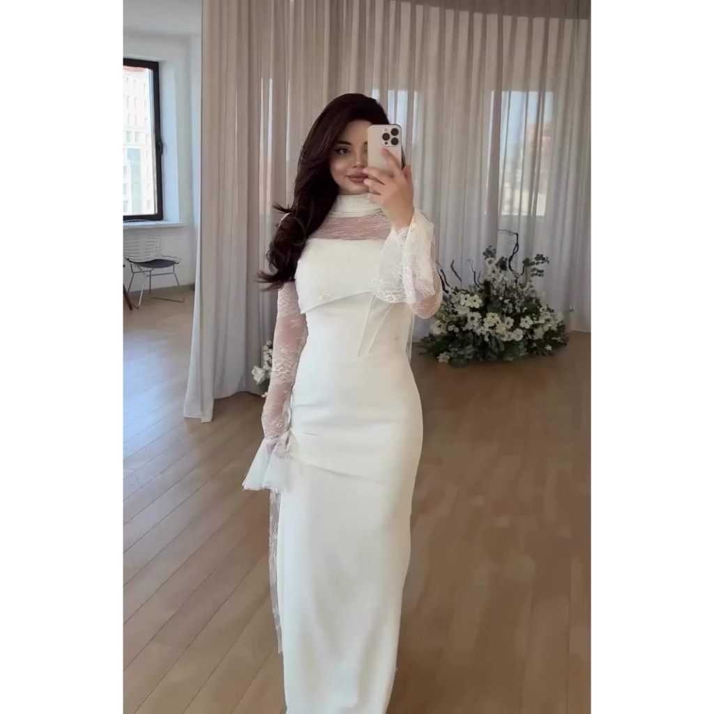 Thinyfull Saudi Arabia Mermaid Prom Evening Dresses Long Sleeve Lace Maxi Party Dress 2 Pieces Cocktail Prom Gowns