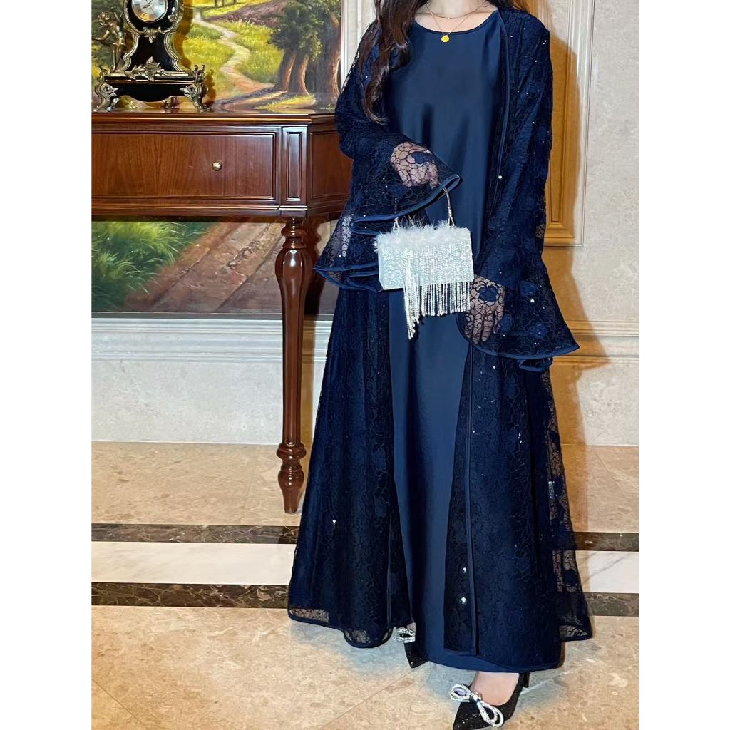 Muslim Party Women's Suits Lace Flare Sleeve Shawl Coat and Long Dress Two Piece Set Spring Elegant Solid Color Outfit