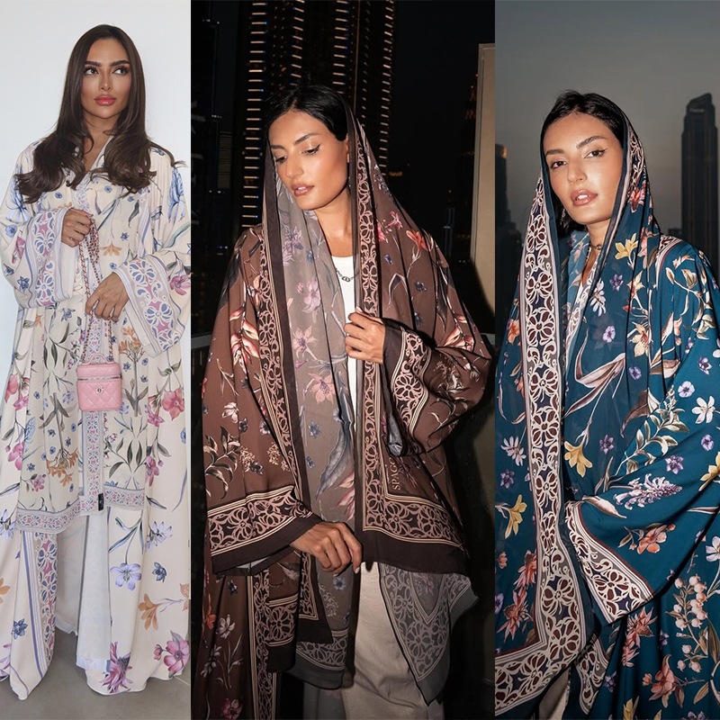 Elegant High Street Swing Vacation Jackets New Women's V Neck Autumn Coat Floral Print Long Sleeved Loose Muslim Cardiga
