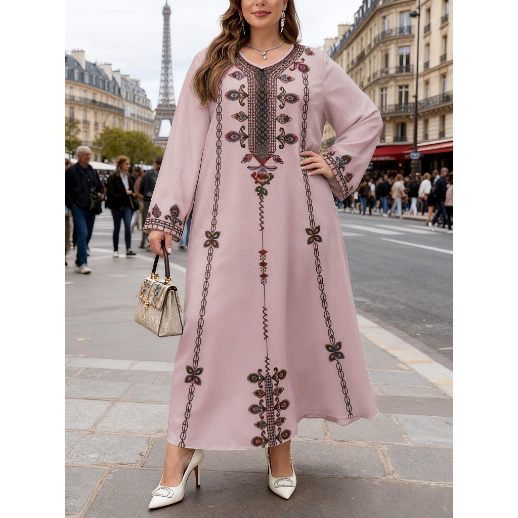 Elegant Robe, Style, Plus-Size Fashion Women's Clothing, Ethnic Print, Stylish, Loose and Comfortable, Long-Sleeve Dress