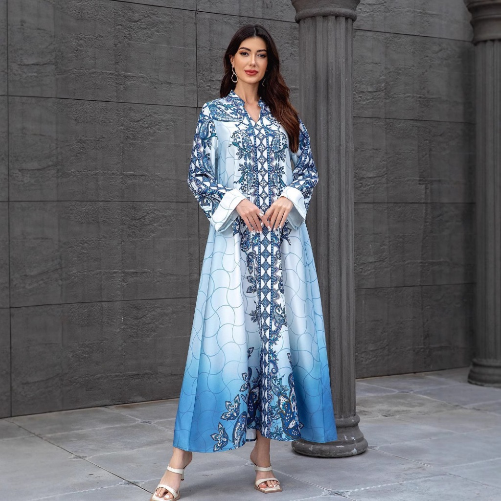 Women Dress Abaya Muslim Ramadan Jalabiya Print Beading Party Dresses Dubai Long Robe Kaftan