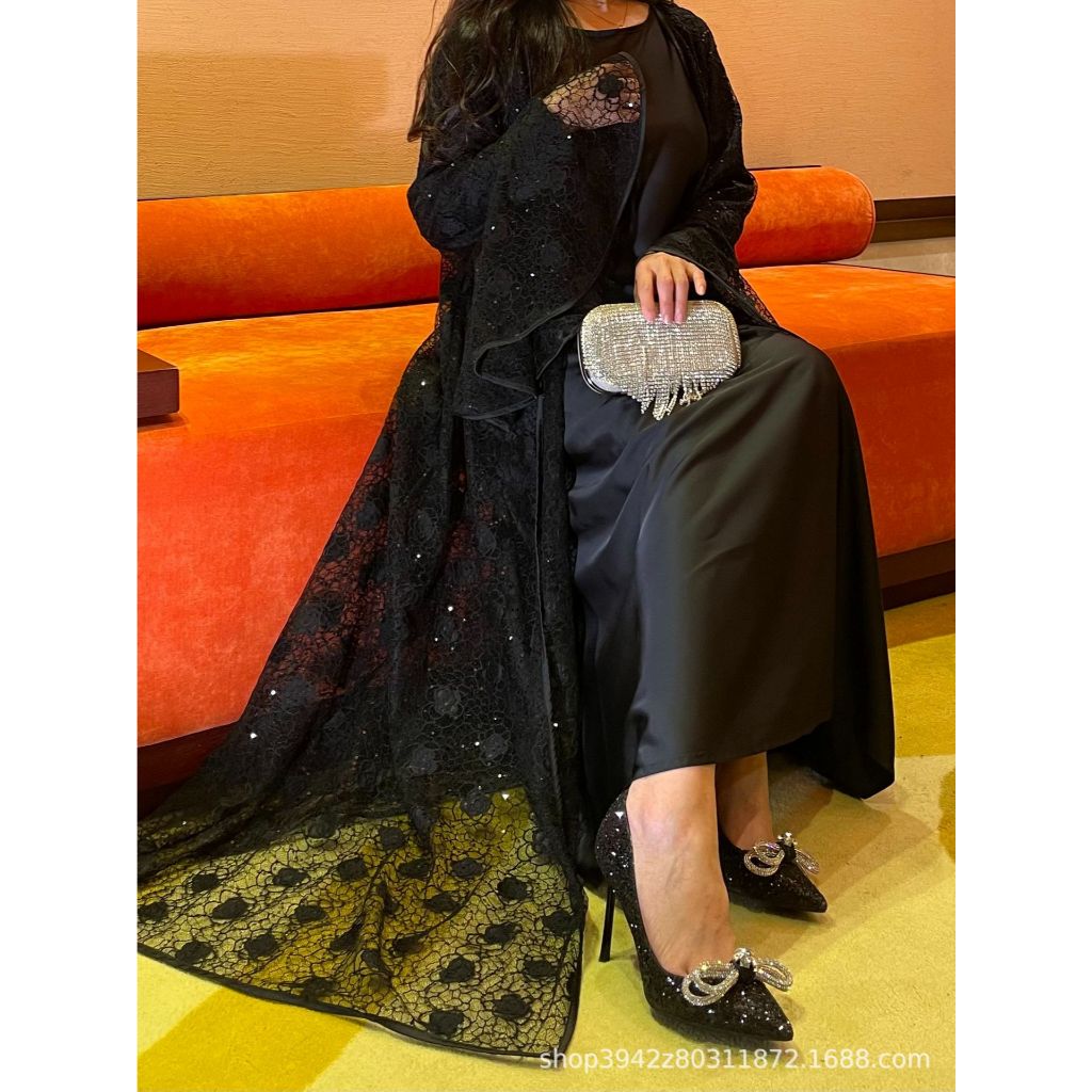 Muslim Party Women's Suits Lace Flare Sleeve Shawl Coat and Long Dress Two Piece Set Spring Elegant Solid Color Outfit