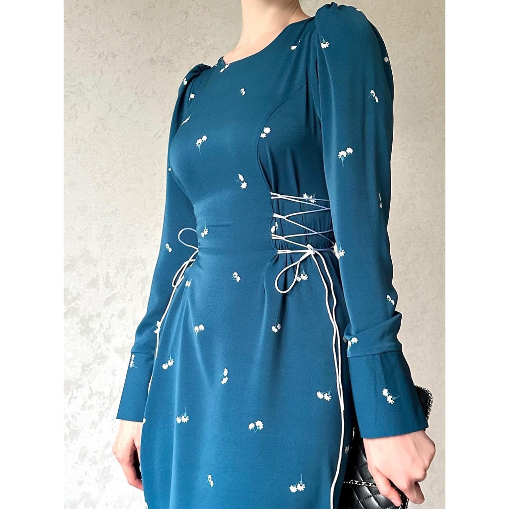 Chic Drawstring Waist Loose Dress Women Long Sleeve O Neck High Waist Pullover Swing Knee Length Spring Autumn