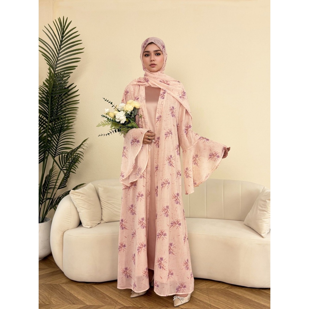 Dubai Women Pink Chiffon Printed Dress Open Kimono Abaya Floral Pattern Slim Fit Dress Kaftan Summer Casual Fashion
