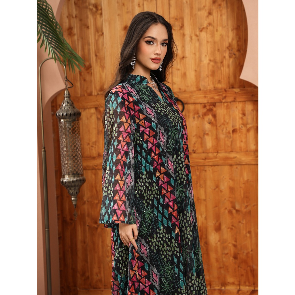 Dubai Luxury Floral Embroidery Abayas Muslim Rhinestone Decorated Loose Dress Women Clothes