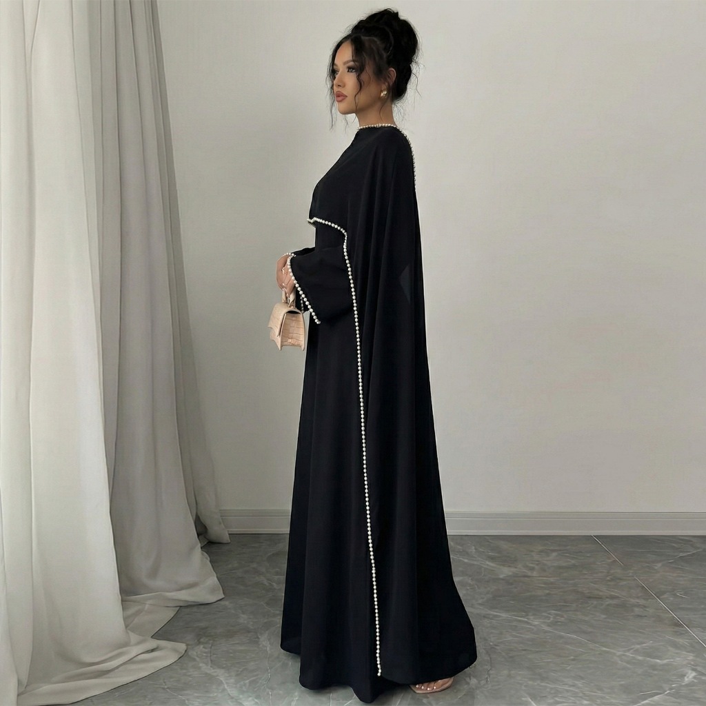 Evening Dresses Pearls Luxury Dubai O-Neck Formal Muslim Prom Gowns Beaded Shawl + Long-Sleeved Dress