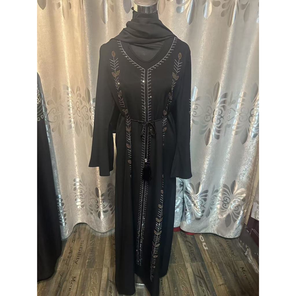 New Bell-sleeved women's abaya robe dress pullover with rhinestones and scarf, Dubai Robe