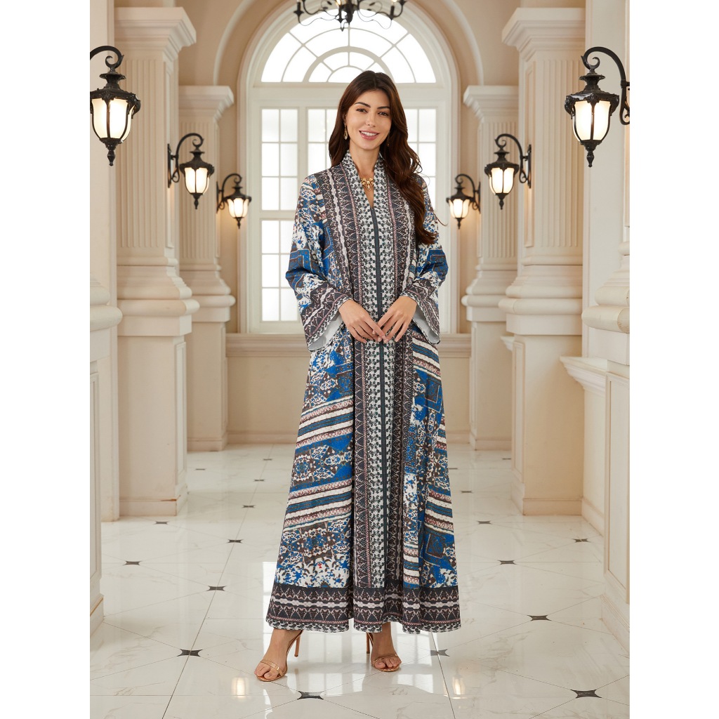 Luxury Muslim Women’s Long Sleeve Dress  Rhinestone & Water Diamond Print  Worldwide Viral Fashion Trend