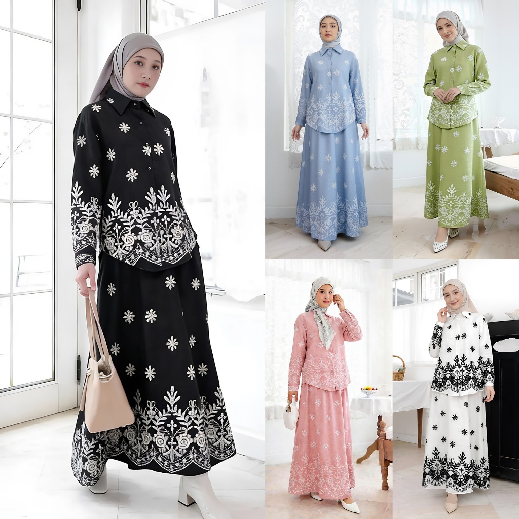 Women Print Blouse Long Skirt 2 Piece Set Muslim Button Blusa Jalabiya Ramadan Dubai Arab Long Spring