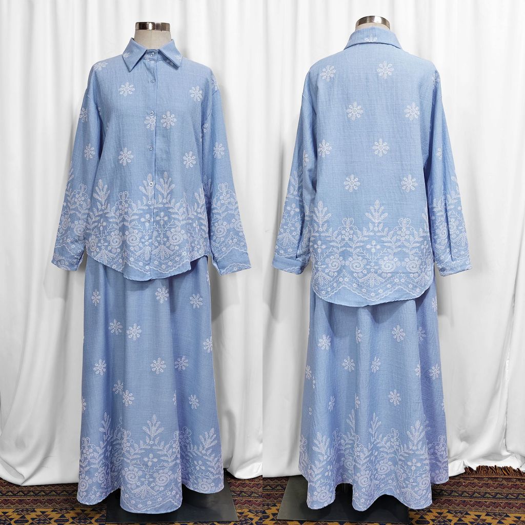 Women Print Blouse Long Skirt 2 Piece Set Muslim Button Blusa Jalabiya Ramadan Dubai Arab Long Spring