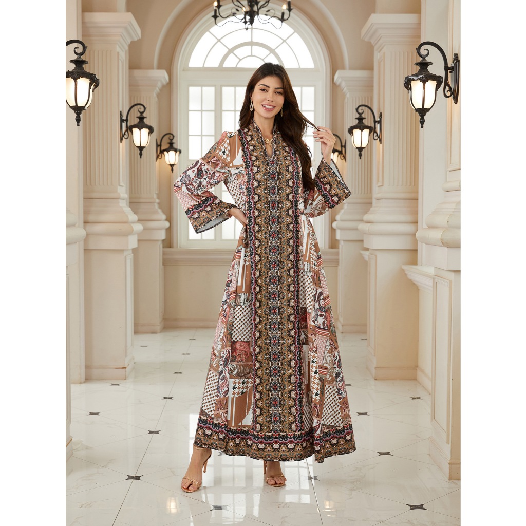 Elegant Jalabiya Sparkly Rhinestone Embroidered Kaftan Traditional Print Modest MaxiDress Arab Abaya MuslimGown