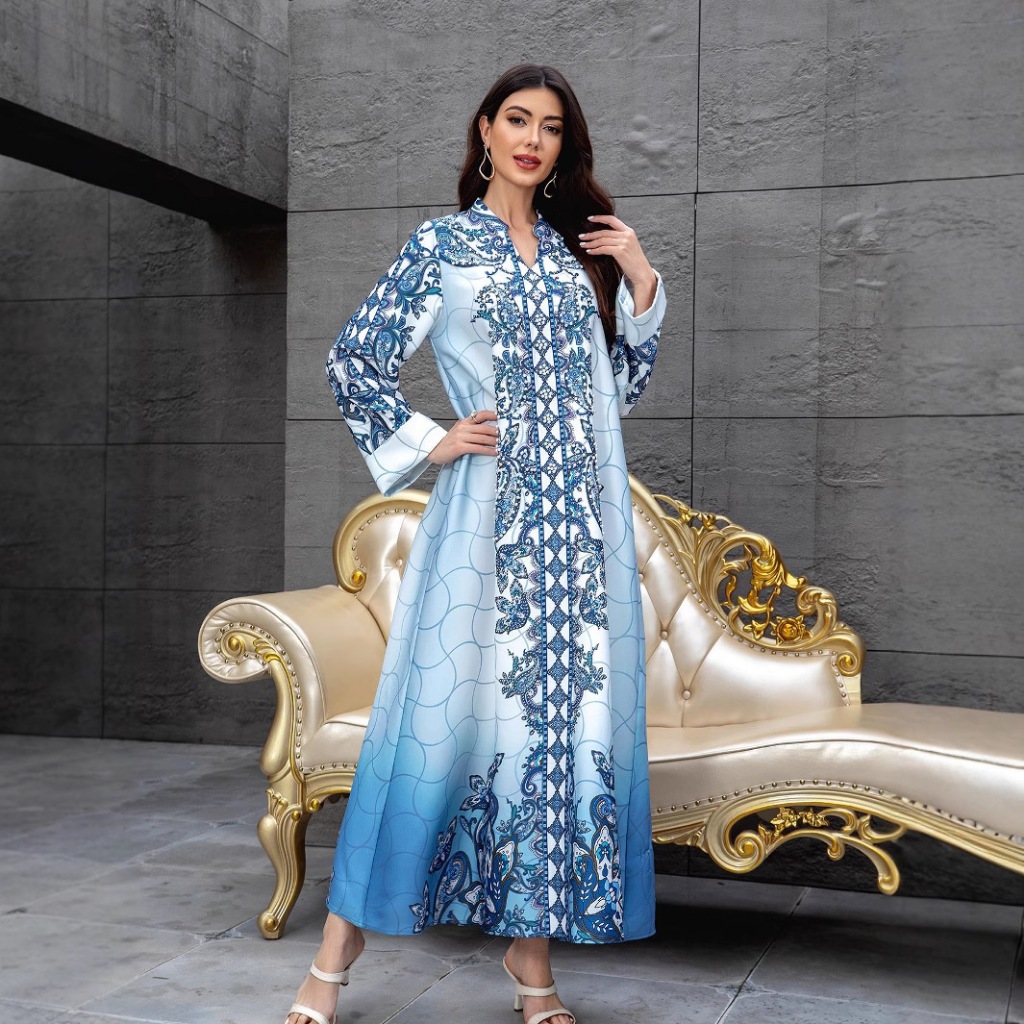 Women Dress Abaya Muslim Ramadan Jalabiya Print Beading Party Dresses Dubai Long Robe Kaftan