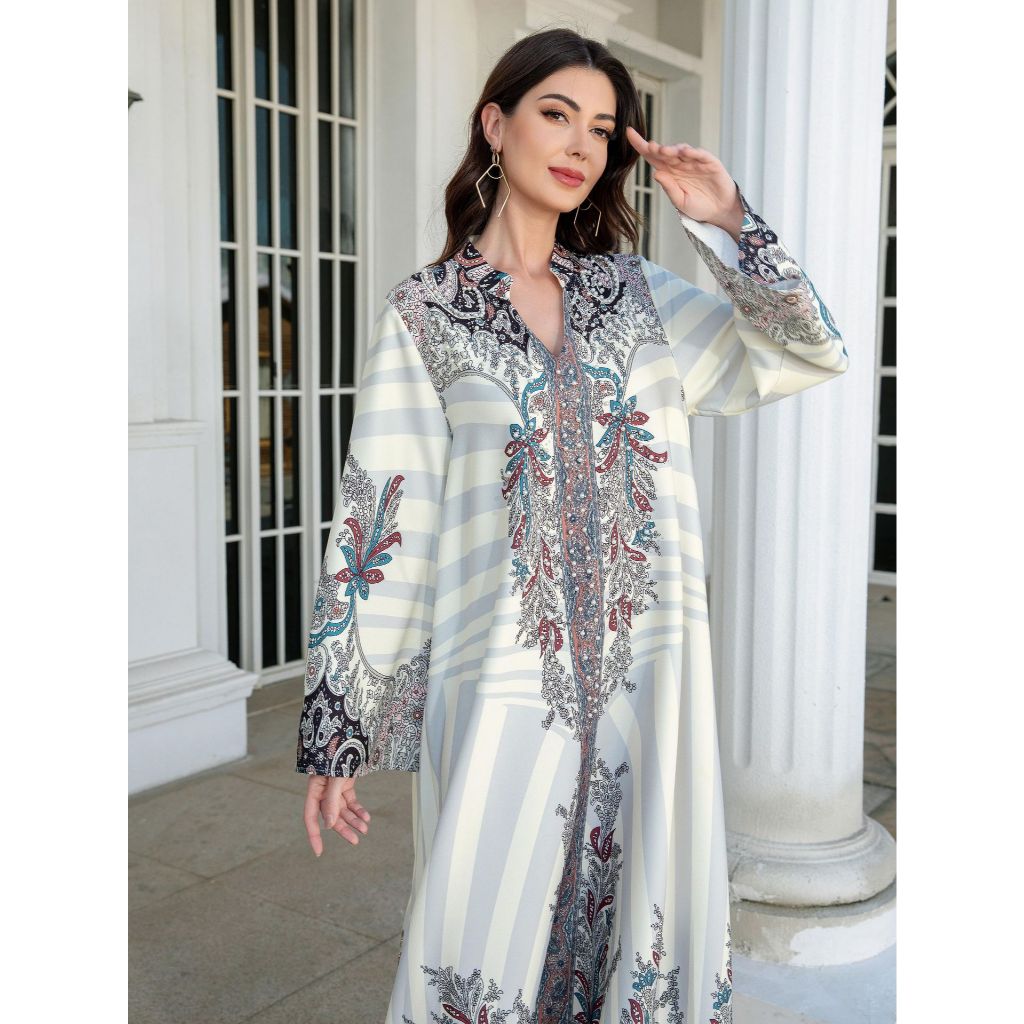 Muslim Ladies Long Dress Printed Diamond Embellished Stand Collar Abaya New Style Cross-Border Middle East Clothing