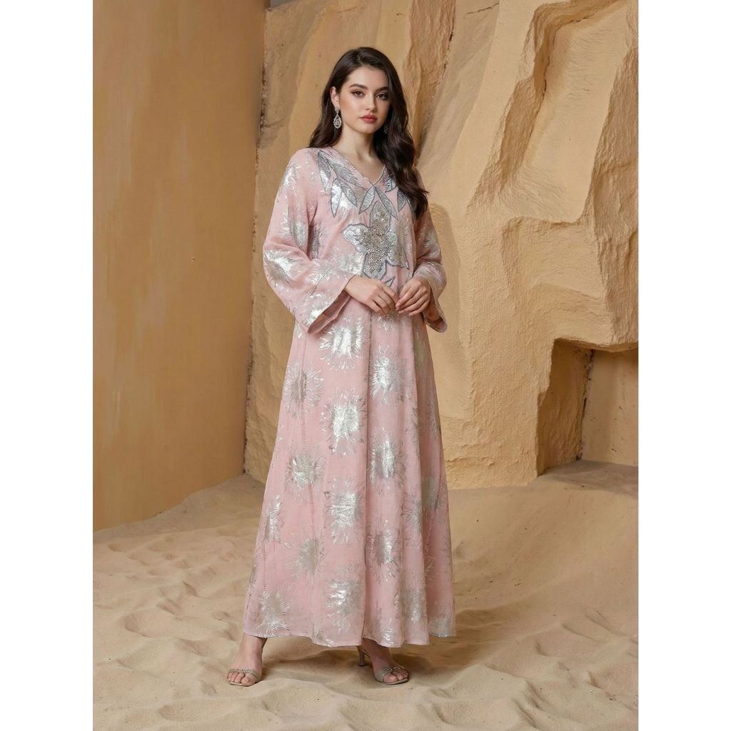 Abaya Women Party Dress Kaftan Jalabiya V Neck Sequins Muslim Dubai Ramadan Caftan Long Robe