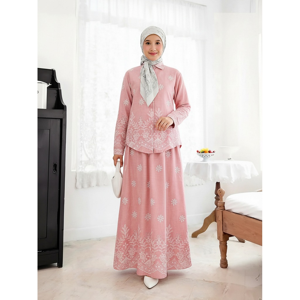 Women Print Blouse Long Skirt 2 Piece Set Muslim Button Blusa Jalabiya Ramadan Dubai Arab Long Spring