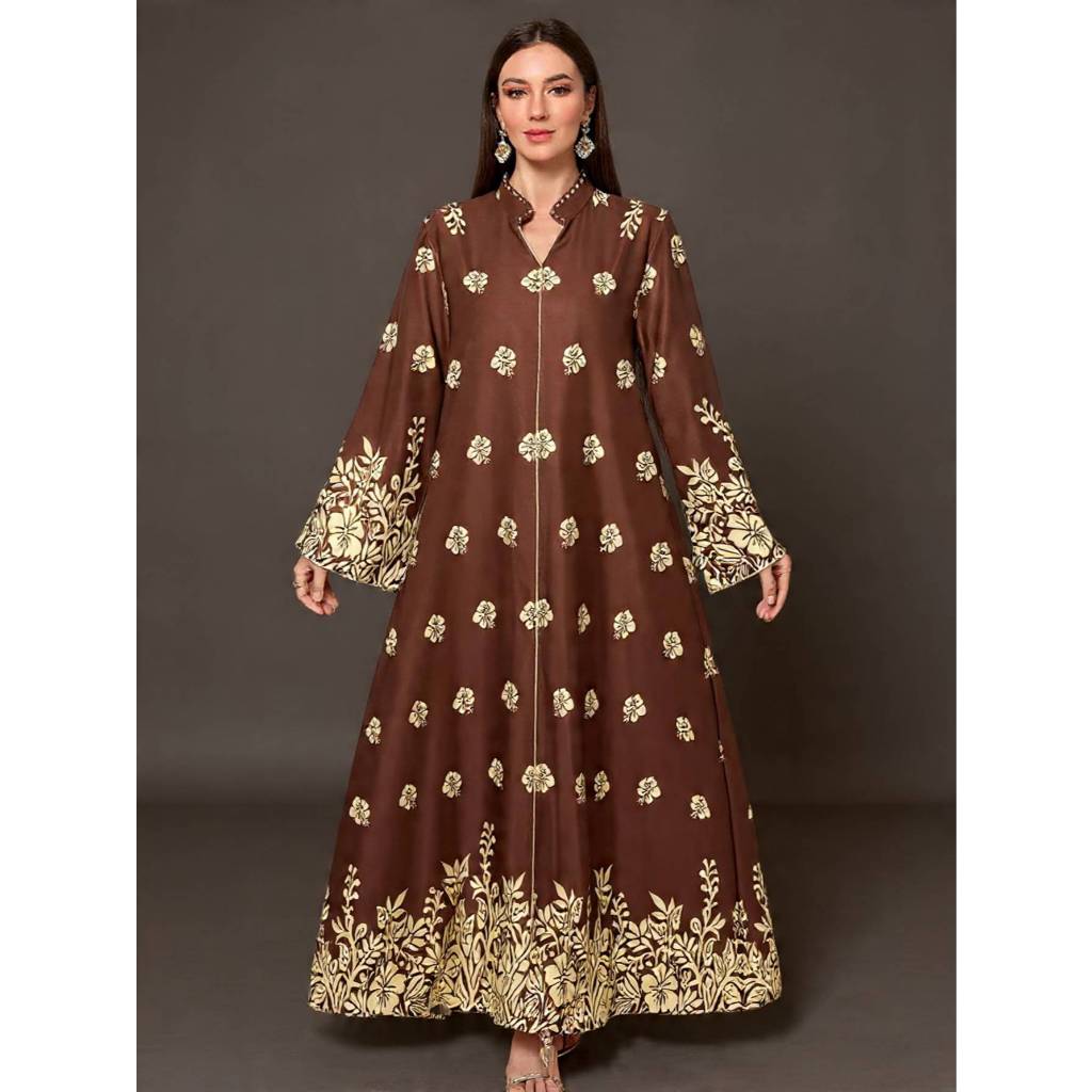 Women Print Dress Abaya Muslim Jalabiya Ramadan V Neck Party Dresses Arab Long Robe Dubai Kaftan