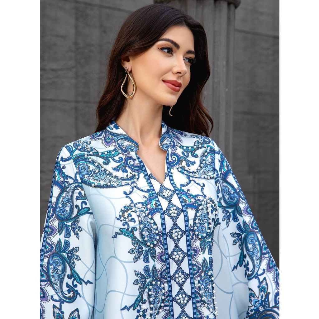 Women Dress Abaya Muslim Ramadan Jalabiya Print Beading Party Dresses Dubai Long Robe Kaftan