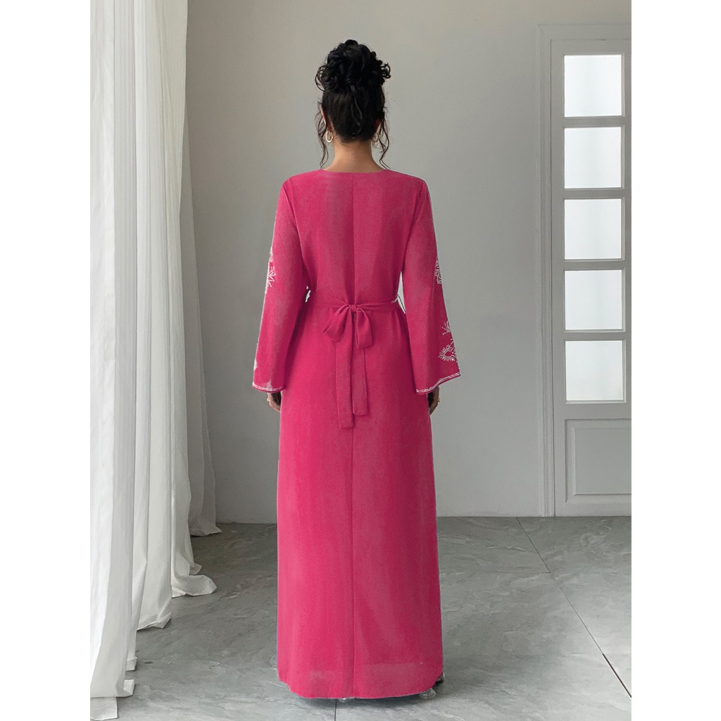 Women Diamond Dress Abaya Muslim Jalabiya Ramadan V Neck Party Dresses Arab Long Robe Dubai Kaftan