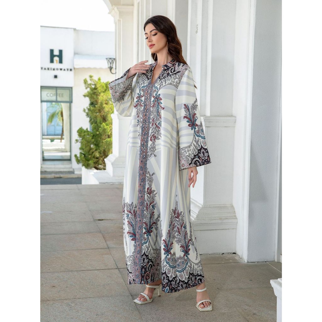 Muslim Ladies Long Dress Printed Diamond Embellished Stand Collar Abaya New Style Cross-Border Middle East Clothing