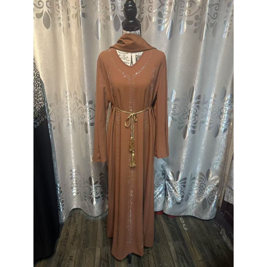 New Bell-sleeved women's abaya robe dress pullover with rhinestones and scarf, Dubai Robe