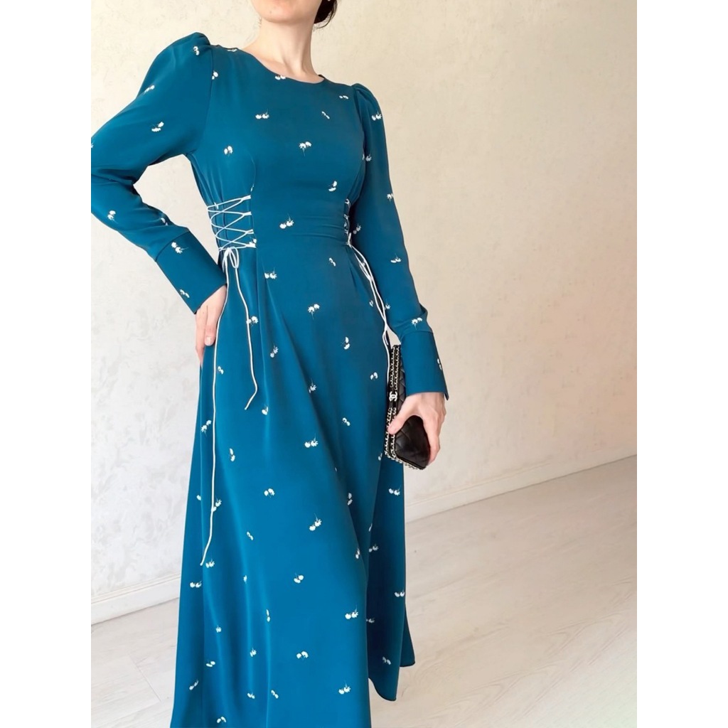 Chic Drawstring Waist Loose Dress Women Long Sleeve O Neck High Waist Pullover Swing Knee Length Spring Autumn