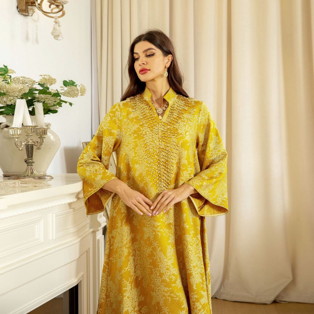 Muslim Dress for Women Abaya Beading Stand Collar Jalabiya Party Dresses Abayas Kaftan Abaya Arab Long Robe