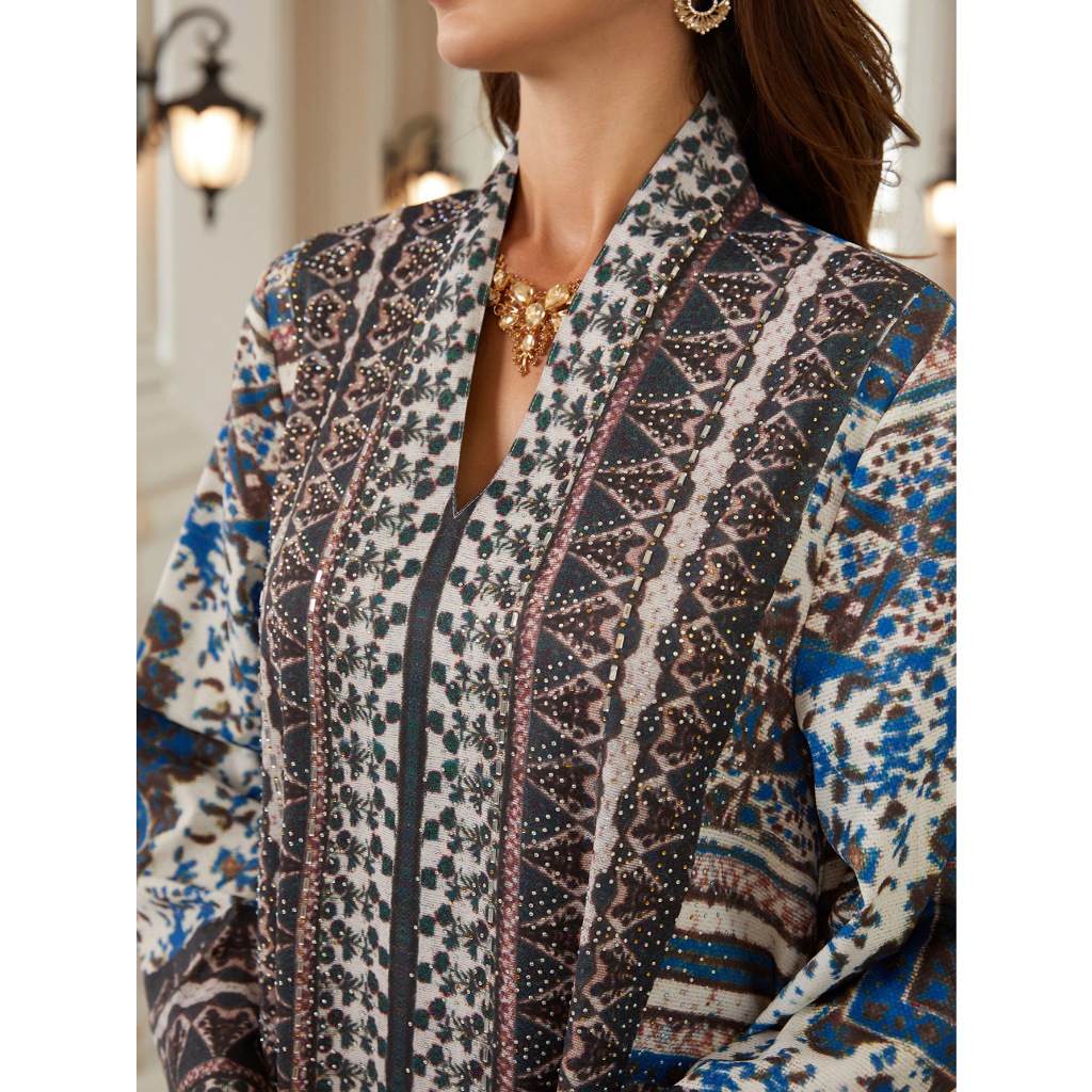 Luxury Muslim Women’s Long Sleeve Dress  Rhinestone & Water Diamond Print  Worldwide Viral Fashion Trend