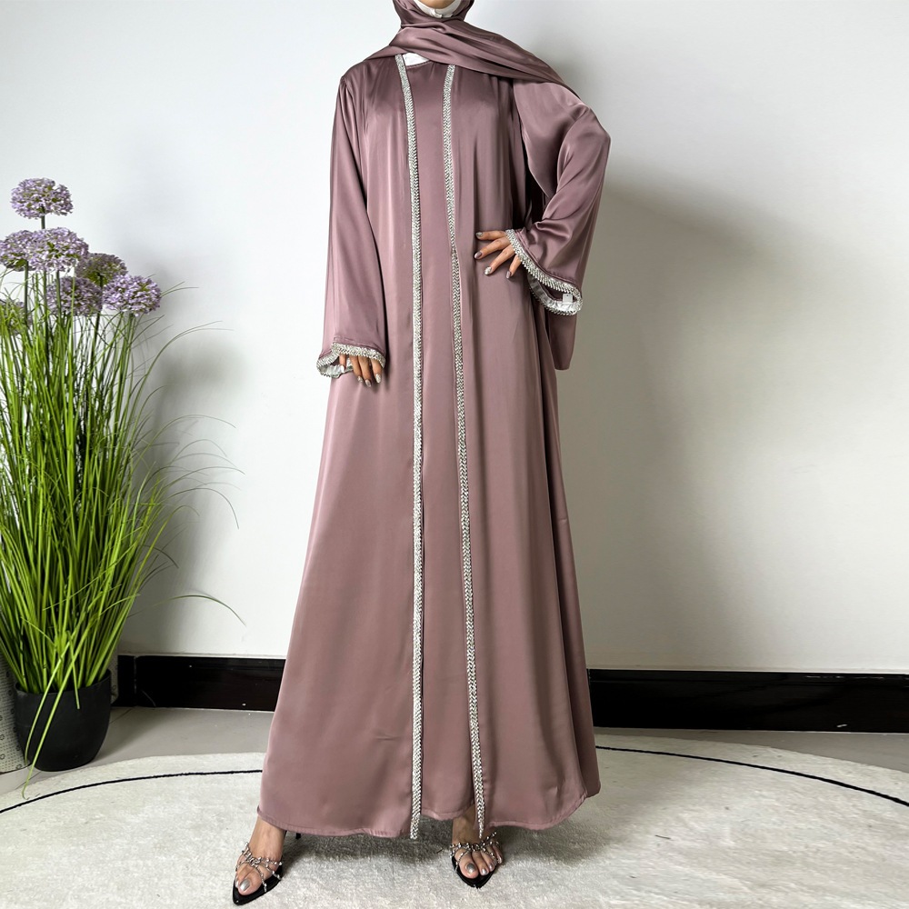 Ramadan Muslim Set Abaya Women Satin Kimono Dress Hijab Belt Diamond Cardigan Abayas Kaftan Dubai Robe