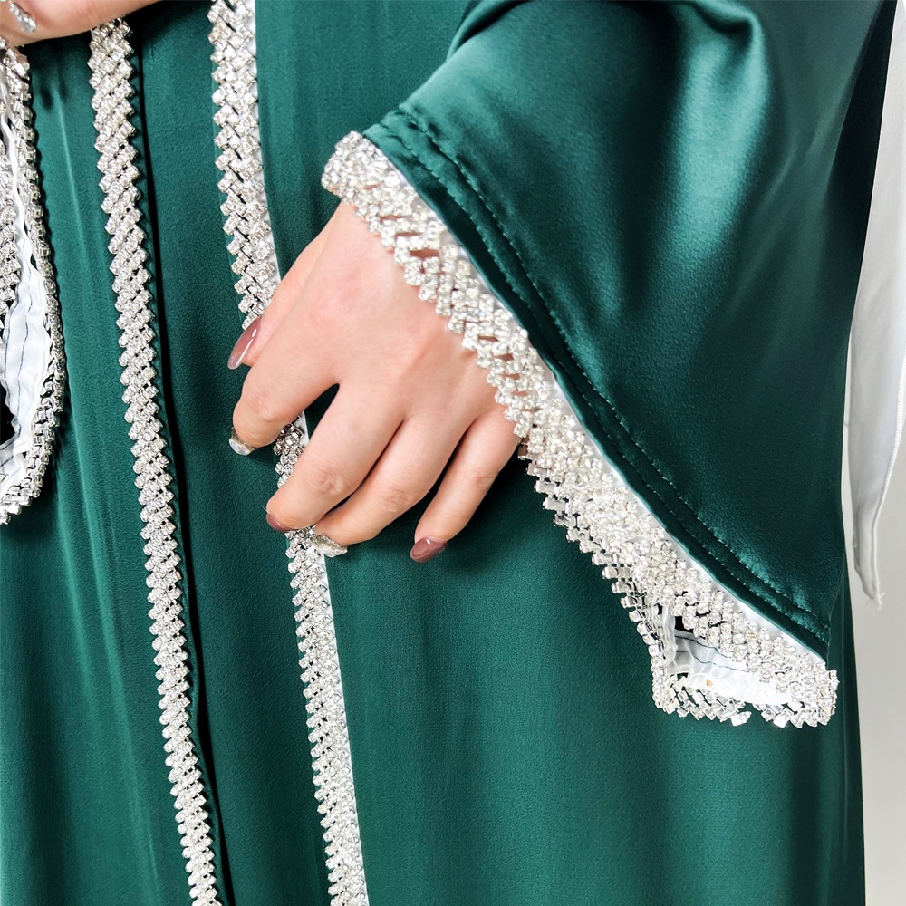 Ramadan Muslim Set Abaya Women Satin Kimono Dress Hijab Belt Diamond Cardigan Abayas Kaftan Dubai Robe