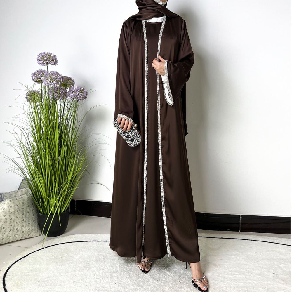 Ramadan Muslim Set Abaya Women Satin Kimono Dress Hijab Belt Diamond Cardigan Abayas Kaftan Dubai Robe
