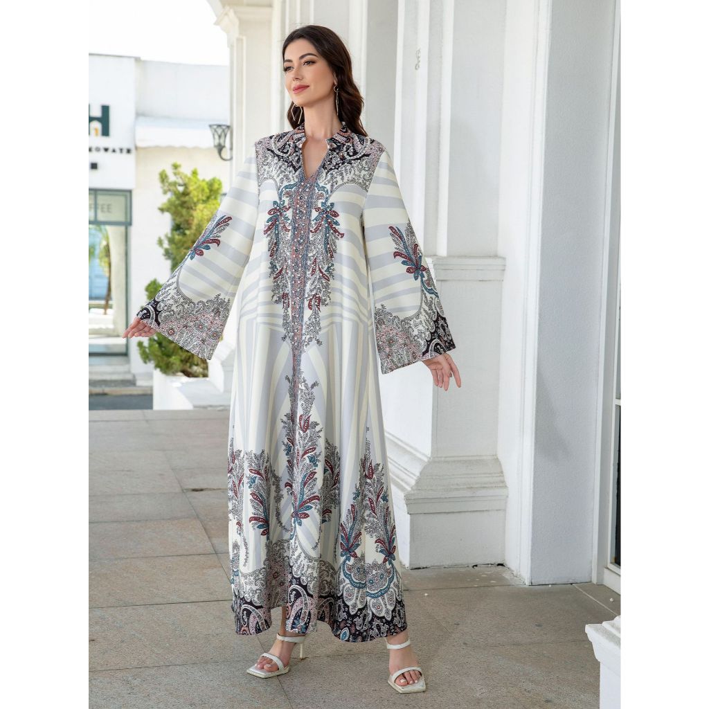 Muslim Ladies Long Dress Printed Diamond Embellished Stand Collar Abaya New Style Cross-Border Middle East Clothing