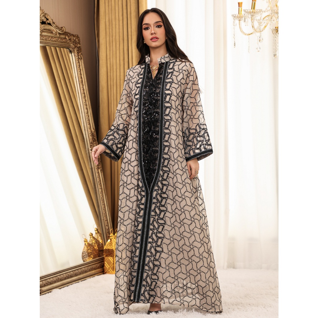 Women Embroidery Mesh Dress Abaya Muslim Jalabiya Ramadan Dresses Arab Long Robe Dubai Kaftan