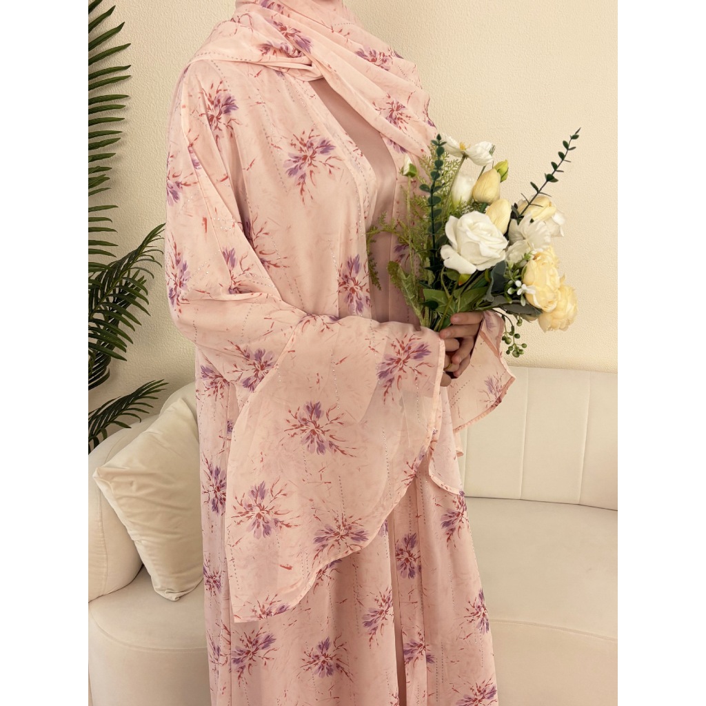 Dubai Women Pink Chiffon Printed Dress Open Kimono Abaya Floral Pattern Slim Fit Dress Kaftan Summer Casual Fashion