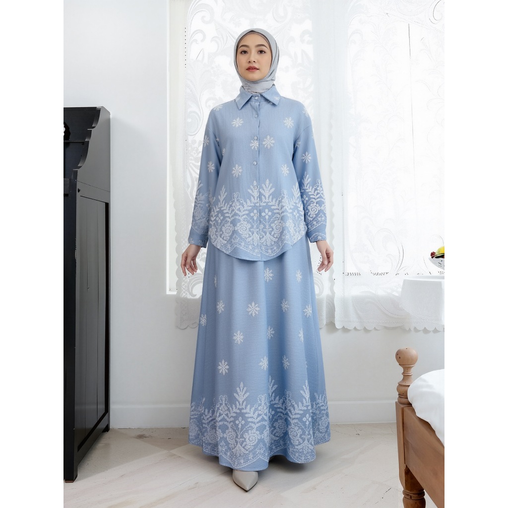 Women Print Blouse Long Skirt 2 Piece Set Muslim Button Blusa Jalabiya Ramadan Dubai Arab Long Spring