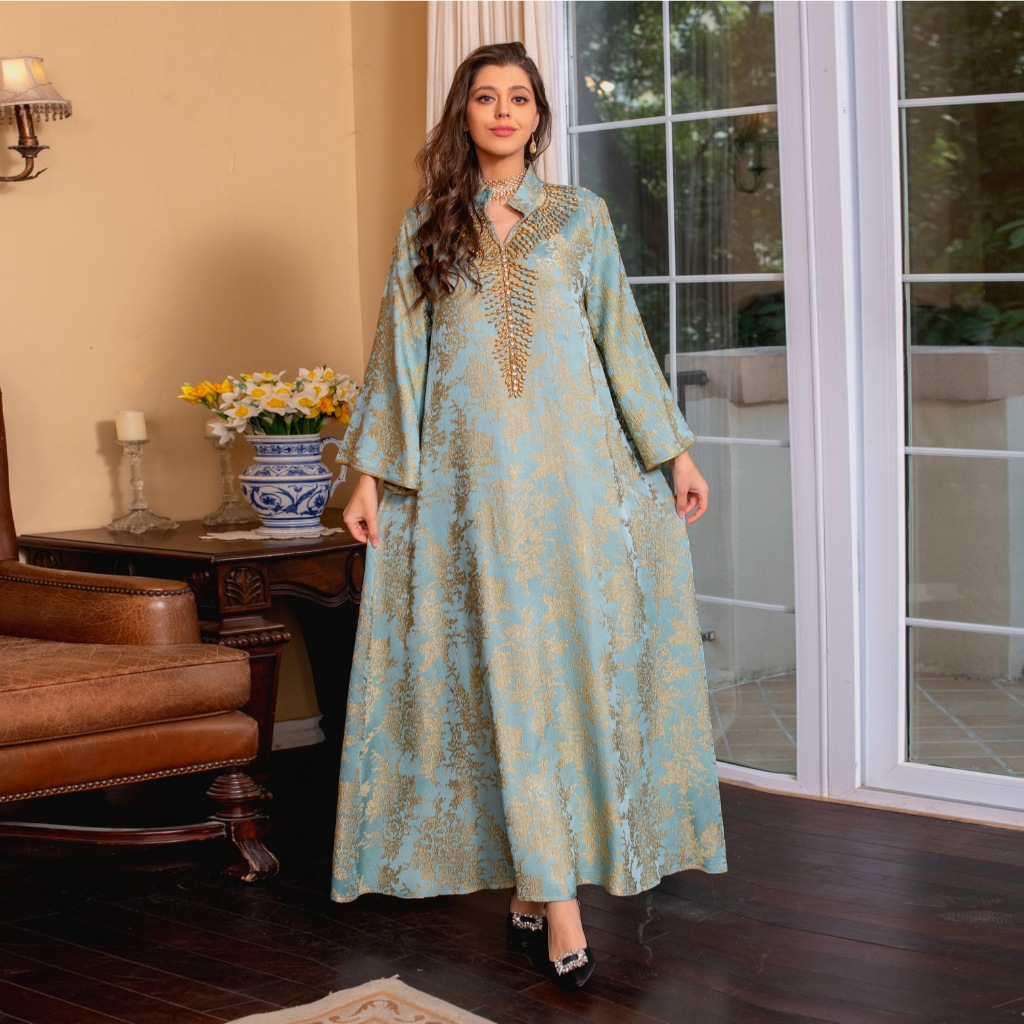 Muslim Dress for Women Abaya Beading Stand Collar Jalabiya Party Dresses Abayas Kaftan Abaya Arab Long Robe