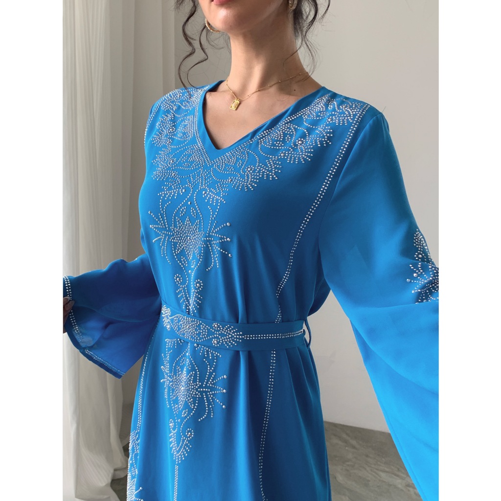 Women Diamond Dress Abaya Muslim Jalabiya Ramadan V Neck Party Dresses Arab Long Robe Dubai Kaftan