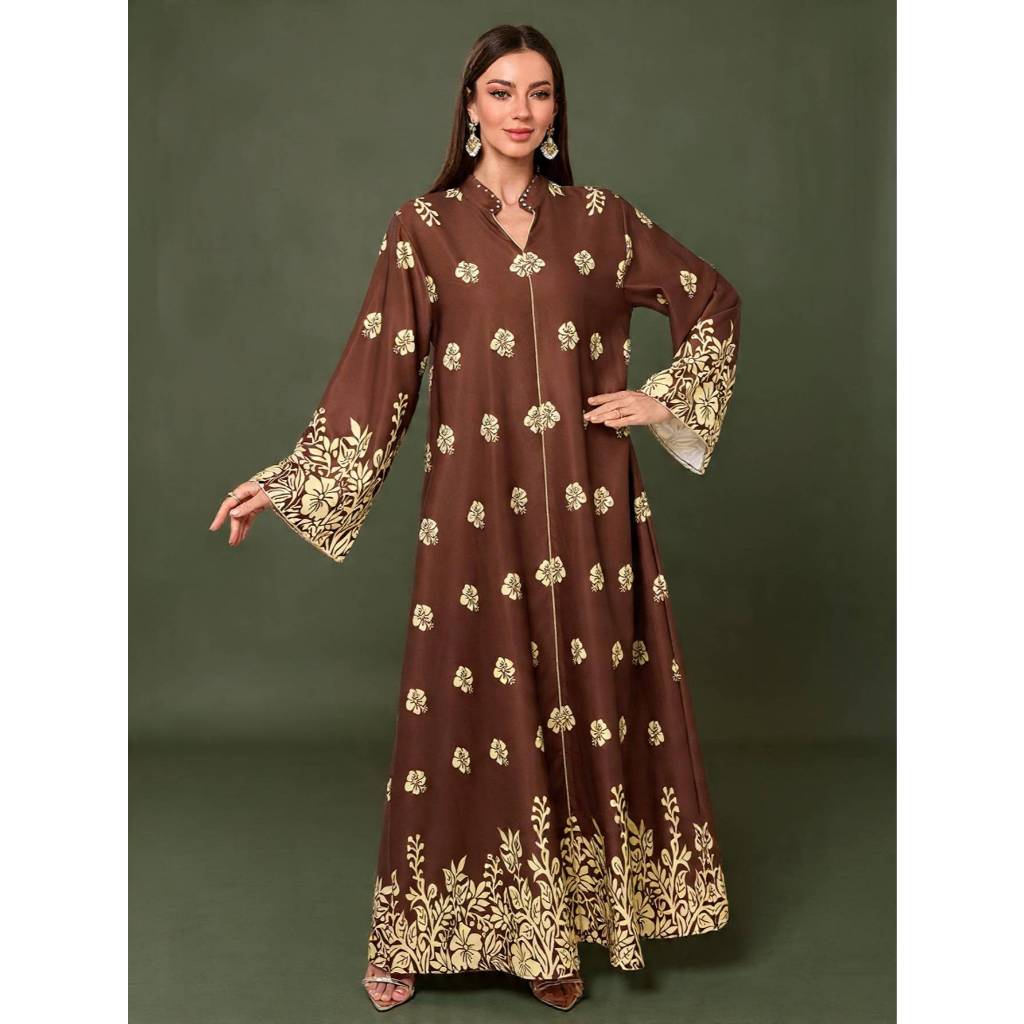 Women Print Dress Abaya Muslim Jalabiya Ramadan V Neck Party Dresses Arab Long Robe Dubai Kaftan