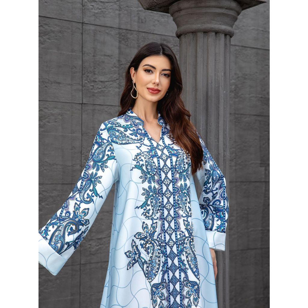 Women Dress Abaya Muslim Ramadan Jalabiya Print Beading Party Dresses Dubai Long Robe Kaftan