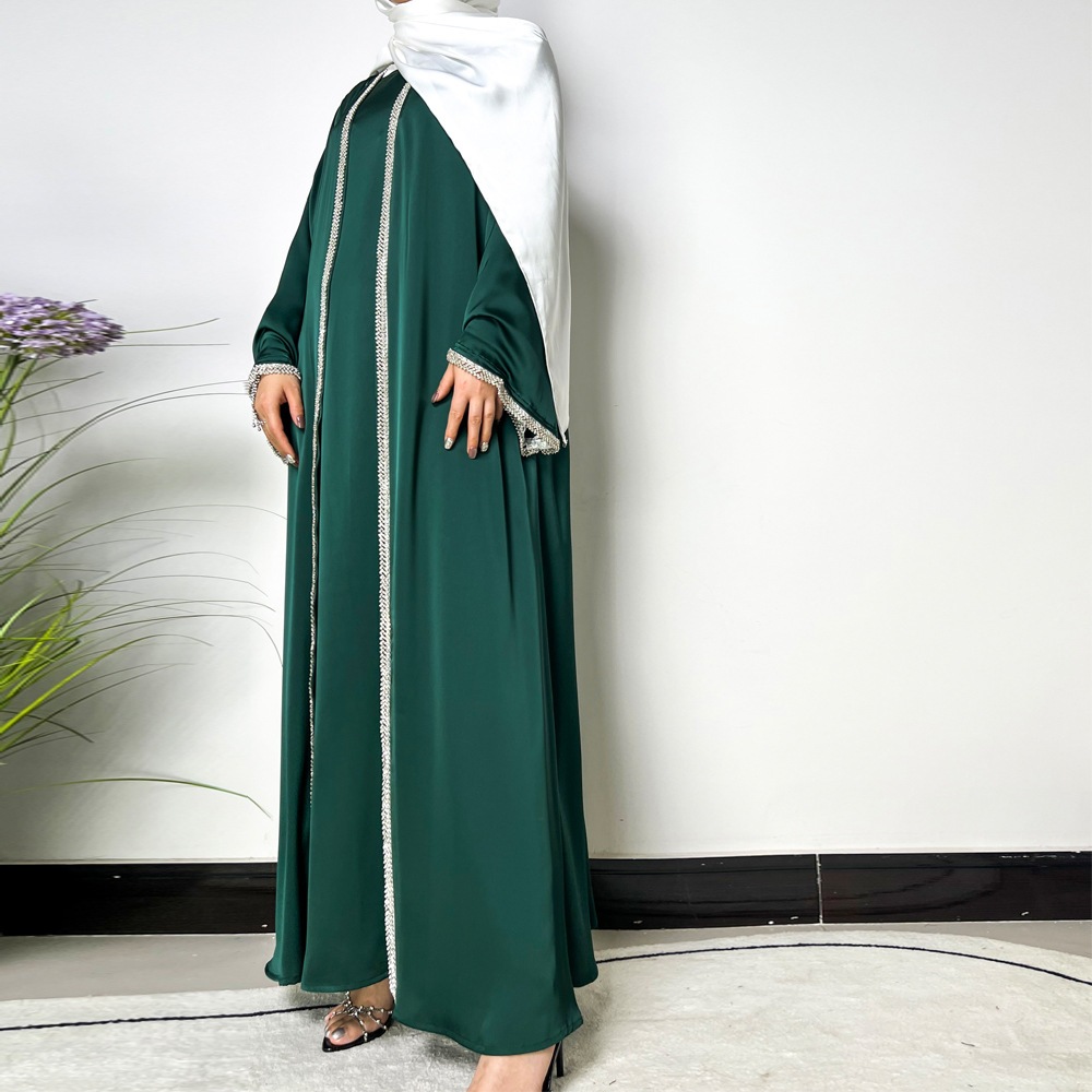 Ramadan Muslim Set Abaya Women Satin Kimono Dress Hijab Belt Diamond Cardigan Abayas Kaftan Dubai Robe