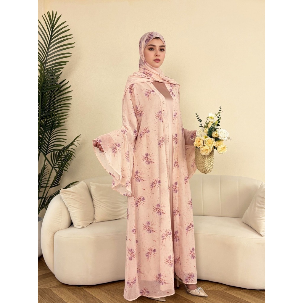 Dubai Women Pink Chiffon Printed Dress Open Kimono Abaya Floral Pattern Slim Fit Dress Kaftan Summer Casual Fashion