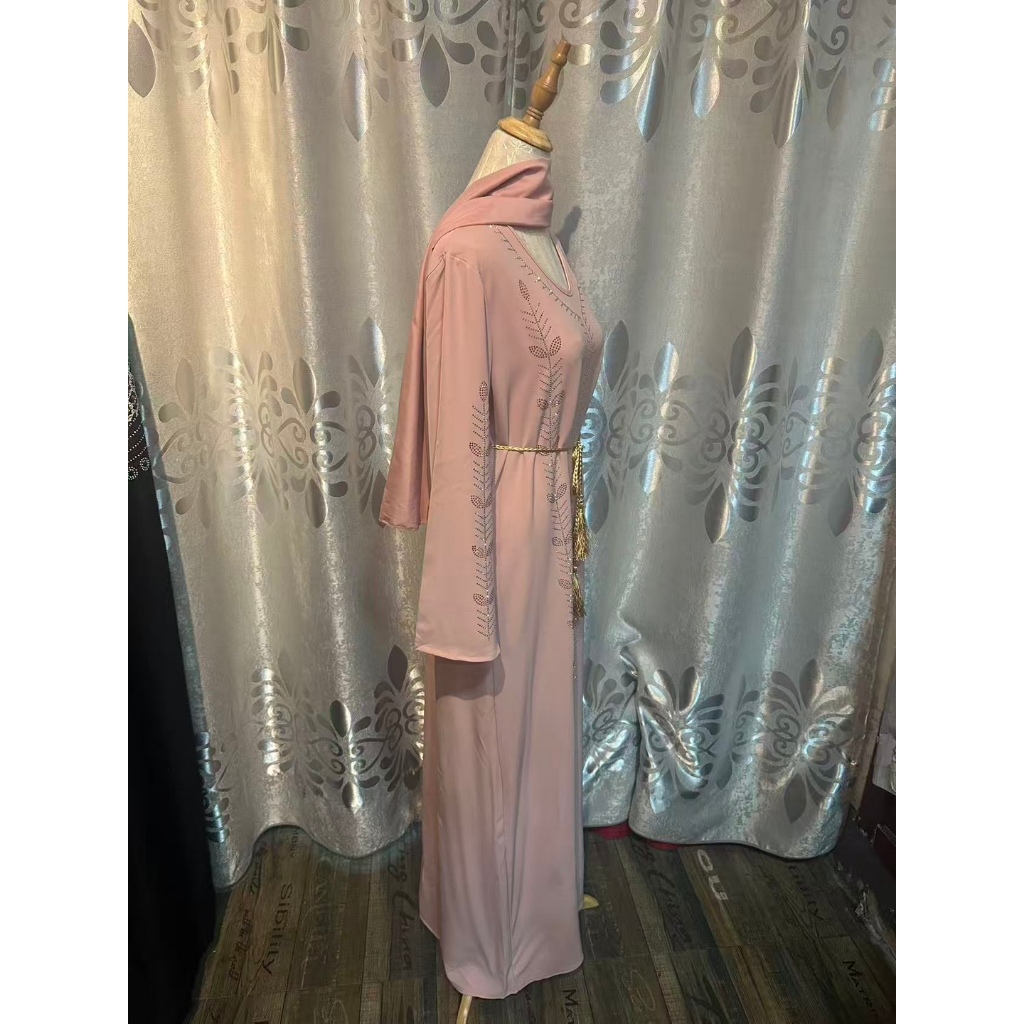 New Bell-sleeved women's abaya robe dress pullover with rhinestones and scarf, Dubai Robe