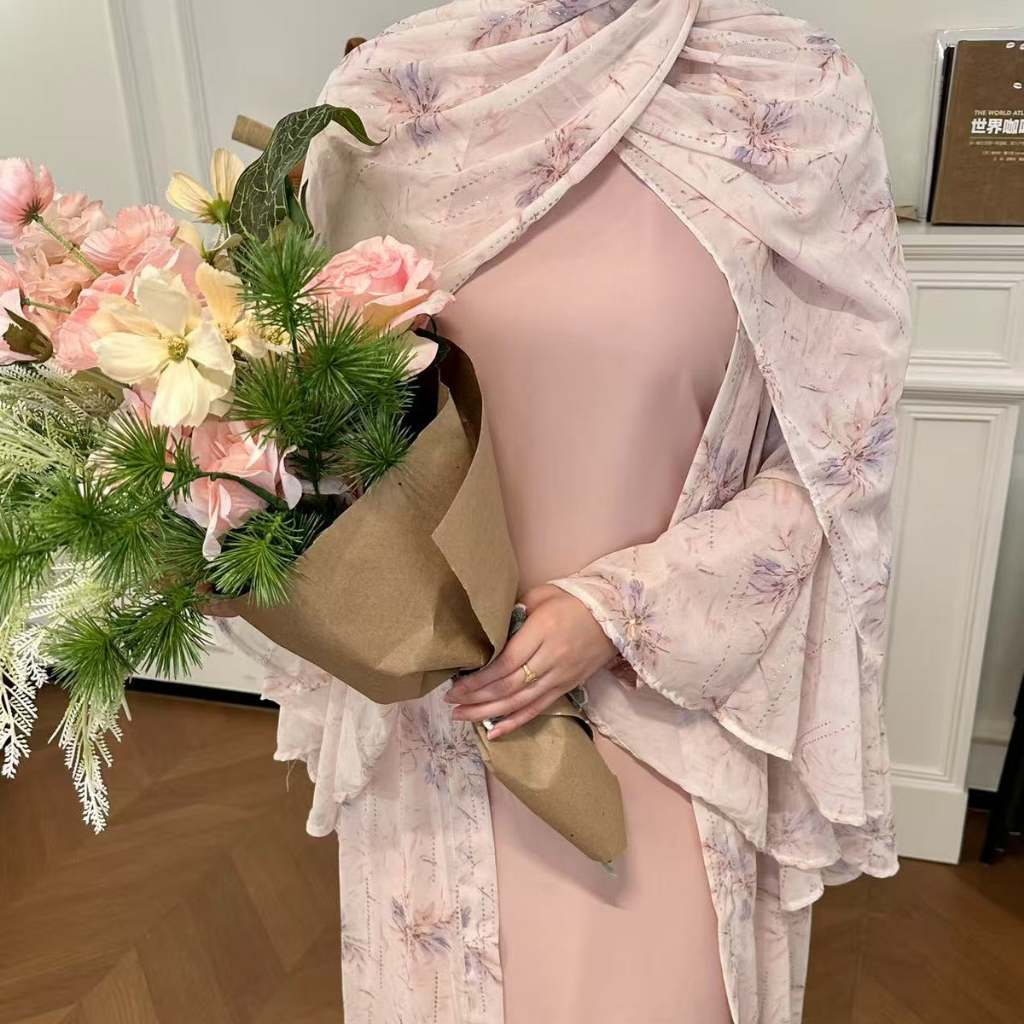 Dubai Women Pink Chiffon Printed Dress Open Kimono Abaya Floral Pattern Slim Fit Dress Kaftan Summer Casual Fashion