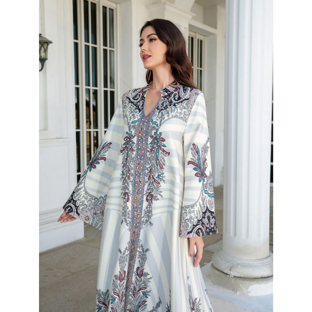 Muslim Ladies Long Dress Printed Diamond Embellished Stand Collar Abaya New Style Cross-Border Middle East Clothing