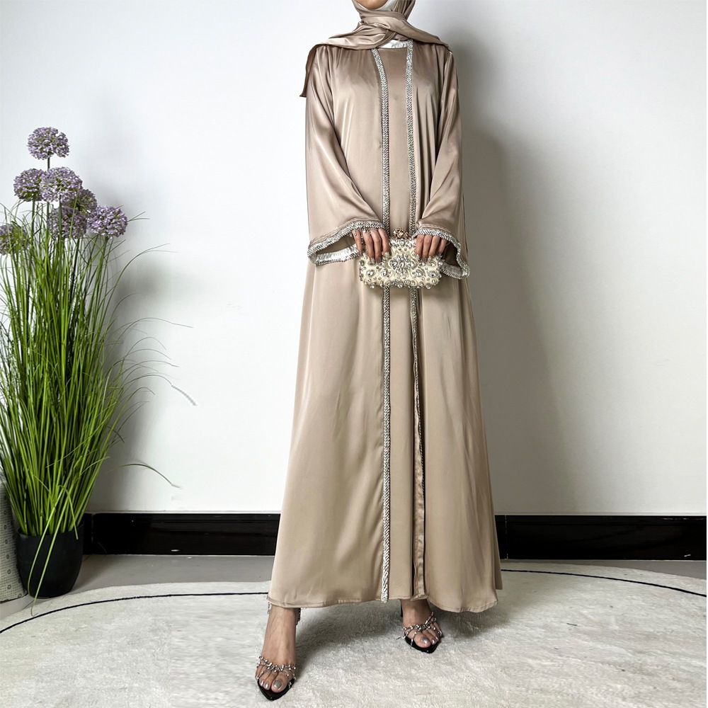 Ramadan Muslim Set Abaya Women Satin Kimono Dress Hijab Belt Diamond Cardigan Abayas Kaftan Dubai Robe