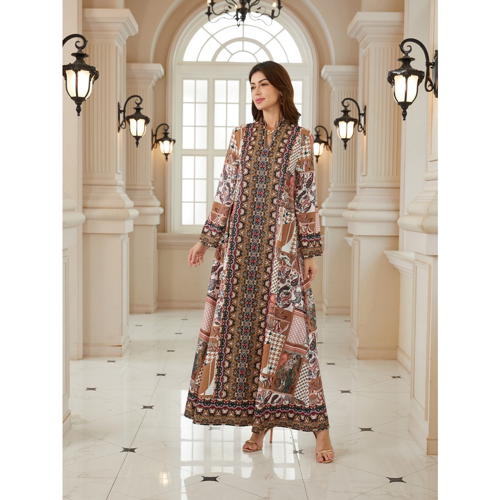 Elegant Jalabiya Sparkly Rhinestone Embroidered Kaftan Traditional Print Modest MaxiDress Arab Abaya MuslimGown