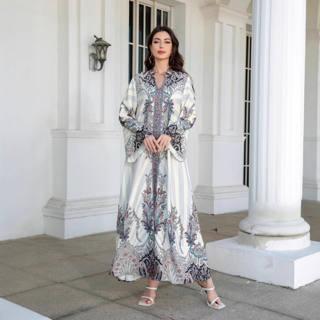 Muslim Ladies Long Dress Printed Diamond Embellished Stand Collar Abaya New Style Cross-Border Middle East Clothing