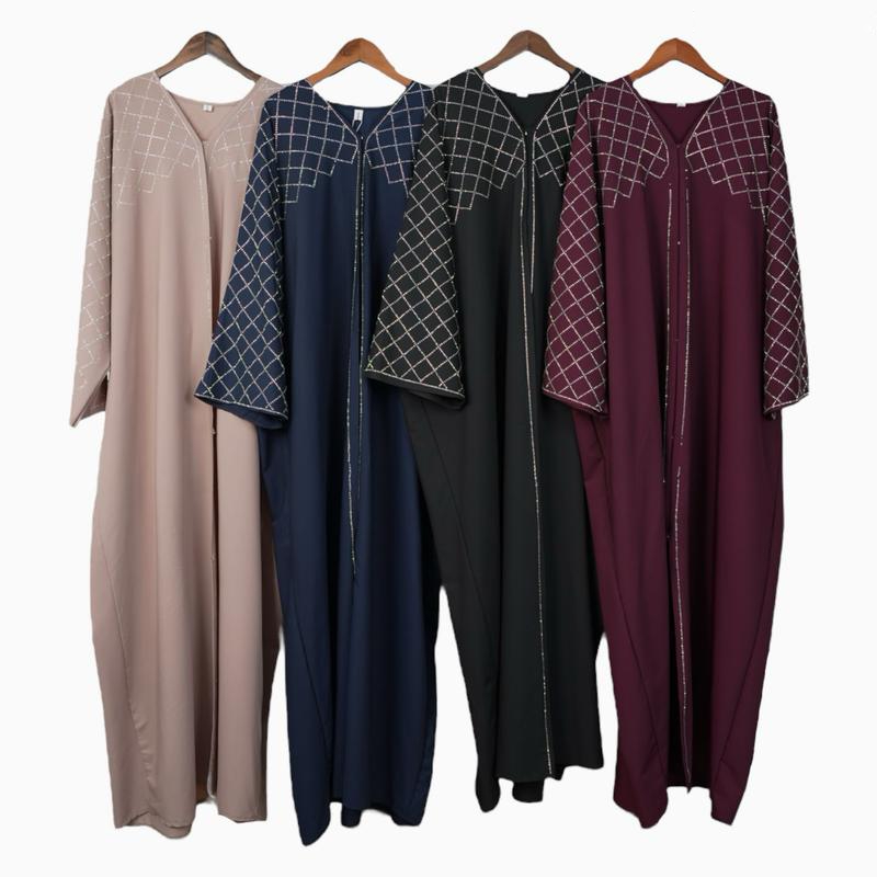 New Retro Style Arabian Mesh Rhinestone Women Dress Ethnic Style Muslim Dress