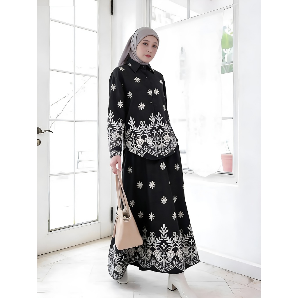 Women Print Blouse Long Skirt 2 Piece Set Muslim Button Blusa Jalabiya Ramadan Dubai Arab Long Spring